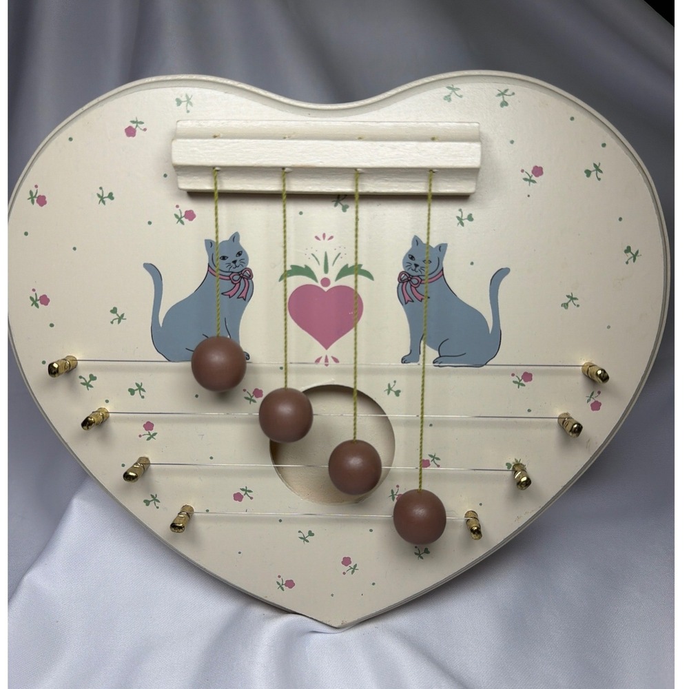 OPI Vintage Heart Cat Wooden Wall Hanging Decor Cream Pink Blue Cottagecore OS
